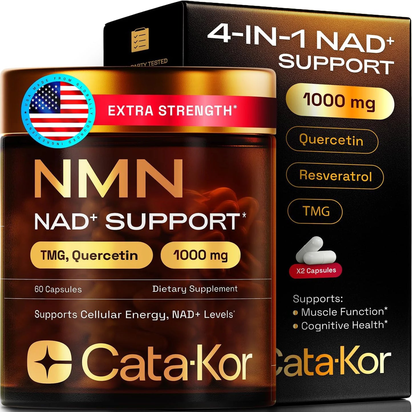 SUPLEMENTO DE CATA-KOR NMN, QUERCETINA, TMG, RESVERATROL - APOYA LA ENERGÍA CELULAR Y LOS NIVELES DE NAD+